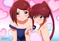 Rule 34 | 00s, 2girls, :p, absurdres, bandaid, bandaid on face, bare shoulders, blush, breasts, brown eyes, brown hair, casual, cleavage, female focus, front-tie top, hair ornament, hairclip, heart, highres, kissxsis, long hair, medium breasts, megami magazine, multiple girls, naughty face, official art, one-piece swimsuit, ponytail, red hair, scan, school swimsuit, shitaya tomoyuki, short hair, siblings, sisters, strap slip, suminoe ako, suminoe riko, swimsuit, tongue, tongue out, twins, upper body