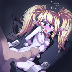 Rule 34 | 1boy, 1girl, absurdres, blonde hair, censored, highres, imminent rape, league of legends, nipples, nude, penis, pointy ears, poppy (league of legends), pussy, restrained, tagme, twintails, yordle