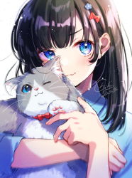 Rule 34 | 1girl, :3, animal, animal ear fluff, animal hands, black hair, blue eyes, blue shirt, bow, cat, cat paws, collar, flower, grey cat, hair bow, hair flower, hair ornament, highres, holding, holding animal, holding cat, light, light blush, one eye closed, original, portrait, red bow, red collar, shinishi chiho, shirt, signature, simple background, sleeves past elbows, striped, striped bow, twitter username, upper body, whiskers, white background, white cat
