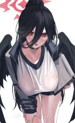Rule 34 | 1girl, absurdres, bent over, black hair, black wings, blue archive, breasts, gym uniform, hair between eyes, halo, hand on own thigh, hanging breasts, hasumi (blue archive), hasumi (track) (blue archive), highres, huge breasts, jacket, large breasts, long hair, looking at viewer, mole, mole under eye, official alternate costume, open clothes, open jacket, open mouth, ponytail, red eyes, rerrere, see-through, shirt, short shorts, shorts, signature, simple background, solo, sweat, very long hair, wet, wet clothes, wet shirt, white background, white shirt, wings
