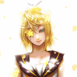 Rule 34 | 1girl, aqua eyes, bare shoulders, blonde hair, bloom, bow, collarbone, cracked skin, esther shen, eyelashes, flower, flower in eye, hair bow, hair ornament, hairclip, half-closed eyes, kagamine rin, kokoro (vocaloid), leaning to the side, lips, petals, sailor collar, shirt, short hair, sleeveless, sleeveless shirt, smile, symbol in eye, vocaloid, yellow flower