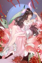 Rule 34 | 1girl, absurdres, animal ears, artist request, bare legs, brown hair, closed mouth, detached sleeves, douluo dalu, dress, flower, full body, hair ornament, hand up, high heels, highres, leg up, long hair, pink dress, pink eyes, ponytail, rabbit ears, second-party source, sitting, solo, sparkle, spider lily, streamers, xiao wu (douluo dalu)