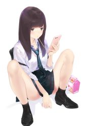 Rule 34 | 1girl, ama mitsuki, ass, backpack, bag, bare legs, black eyes, black footwear, black skirt, black socks, breast pocket, brown hair, collarbone, collared shirt, commentary request, holding, holding phone, knees up, loafers, long hair, miniskirt, mouth hold, necktie, original, phone, plaid, plaid skirt, pocket, school uniform, shadow, shirt, shoes, simple background, sitting, skirt, socks, solo, striped necktie, striped neckwear, thighs, white background, white shirt
