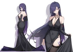 Rule 34 | 1girl, absurdres, acheron (honkai: star rail), ahoge, ass, back, bare shoulders, black dress, black sleeves, breasts, cleavage, detached sleeves, dress, drop shadow, earrings, facing to the side, facing viewer, hair ornament, hair over one eye, head tilt, highres, holding, holding clothes, holding dress, honkai: star rail, honkai (series), jewelry, large breasts, leg tattoo, long hair, long sleeves, looking at viewer, multiple views, navel, necklace, oxooxo666, panties, panties visible through clothes, parted lips, purple eyes, purple hair, purple panties, sideboob, tattoo, thighhighs, underwear, very long hair, white background