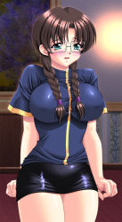 Rule 34 | 1girl, artist request, black skirt, blue shirt, blush, braid, breasts, brown hair, cowboy shot, cropped legs, game cg, glasses, green eyes, highres, impossible clothes, impossible shirt, indoors, large breasts, looking to the side, miniskirt, nervous, open mouth, shiny clothes, shirt, short sleeves, skirt, solo, standing, twin braids