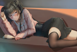 Rule 34 | 1girl, black hair, black skirt, black thighhighs, blush, brown eyes, commentary request, couch, frown, idolmaster, idolmaster shiny colors, long hair, long sleeves, looking at viewer, lying, mayuzumi fuyuko, on couch, on side, pink shirt, pleated skirt, shirt, shogun (a96040021), skirt, solo, thighhighs, two side up