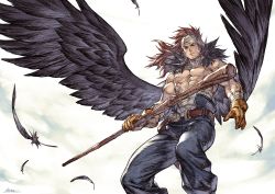 Rule 34 | 1boy, belt, black eyes, black pants, black wings, brown belt, brown hair, canopus wolph, chest sarashi, closed mouth, earrings, feathered wings, feet out of frame, flying, gloves, headband, highres, holding, holding staff, jewelry, kotatsu (g-rough), looking at viewer, male focus, pants, sarashi, solo, spread wings, staff, tactics ogre, topless male, wings, yellow gloves