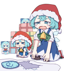 Rule 34 | 2girls, absurdres, bell, black pantyhose, blue dress, blue eyes, blue hair, bow, bowtie, box, character doll, cirno, closed mouth, collared shirt, crying, crying with eyes open, dress, dual persona, fairy, fumo (doll), gift, gift box, green bow, green bowtie, hat, highres, ice, ice wings, kame (kamepan44231), multiple girls, open mouth, pantyhose, pom pom (clothes), red footwear, red headwear, sack, santa hat, shirt, shoes, short hair, short sleeves, simple background, tears, touhou, white background, white shirt, wings