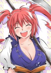 Rule 34 | 1girl, :d, blush, breasts, cleavage, closed eyes, female focus, hair bobbles, hair ornament, happy, large breasts, onozuka komachi, open mouth, pink hair, revision, round teeth, scythe, short hair, smile, solo, taguchi makoto, teeth, touhou, twintails, two side up, weapon