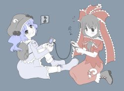 Rule 34 | 2girls, backpack, bag, blue hair, boots, bow, female focus, frilled bow, frilled skirt, frills, front ponytail, game boy, game boy (original), game link cable, grey background, hair bobbles, hair bow, hair ornament, handheld game console, hat, kagiyama hina, kawashiro nitori, long hair, long sleeves, looking at viewer, multiple girls, musical note, open mouth, pocket, puffy short sleeves, puffy sleeves, quaver, seiza, short hair, short sleeves, simple background, sitting, skirt, speech bubble, spoken musical note, torque, touhou, twintails, two side up