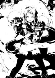 Rule 34 | 1girl, absurdly long hair, action, armpit peek, black gloves, black thighhighs, cannon, commentary, cowboy shot, elbow gloves, gloves, greyscale, half-closed eyes, highres, holding, holding weapon, kantai collection, long hair, looking at viewer, monochrome, neckerchief, open mouth, outstretched arms, rudder footwear, sailor, samidare (kancolle), school uniform, serafuku, sidelocks, sketch, skirt, sleeveless, smile, smoke, smoke trail, solo, standing, thighhighs, turret, very long hair, weapon, wind, yototeitoku, zettai ryouiki
