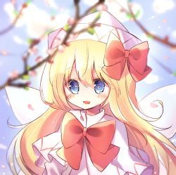 Rule 34 | + +, 1girl, blonde hair, blue eyes, blurry, blush, bow, branch, capelet, depth of field, dress, fairy wings, glint, hair between eyes, hair bow, highres, lily white, long hair, open mouth, petals, pudding (skymint 028), red bow, solo, spring (season), sunlight, touhou, upper body, white capelet, white dress, white headwear, wings
