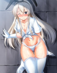 Rule 34 | 1girl, alternate costume, animal ears, blonde hair, blush, boots, breasts, rabbit ears, closed mouth, elbow gloves, fundoshi, gloves, grey eyes, headband, highres, japanese clothes, kantai collection, long hair, navel, one eye closed, panties, shimakaze (kancolle), small breasts, solo, sweatdrop, thigh boots, thighhighs, underwear, white gloves, white panties, zanntetu