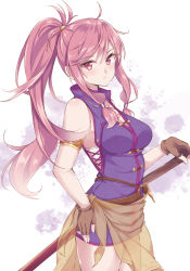 Rule 34 | 1girl, bare shoulders, dress, expressionless, fire emblem, fire emblem: the sacred stones, hand on own hip, highres, holding, holding sword, holding weapon, jiino, long hair, looking at viewer, marisa (fire emblem), nintendo, pink eyes, pink hair, ponytail, sheath, sheathed, short dress, simple background, sleeveless, sleeveless dress, solo, stain, sword, weapon