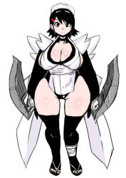 Rule 34 | 1girl, :&gt;, apron, artist request, black eyes, black hair, breasts, butterfly swords, cleavage, curvy, flipped hair, full body, hair ornament, holding, holding weapon, iroha (samurai spirits), large breasts, leotard, leotard under clothes, looking at viewer, maid, maid headdress, revealing clothes, samurai spirits, shiny skin, short hair, simple background, solo, standing, thighhighs, weapon, white apron, white background, wide hips