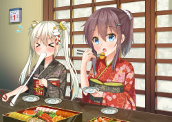 Rule 34 | &gt; &lt;, 2girls, absurdres, bad id, bad pixiv id, blue eyes, bowl, brown hair, calendar (object), chopsticks, commentary request, double bun, eating, closed eyes, floral print, flying sweatdrops, food, hair ornament, highres, indoors, japanese clothes, kimono, kugatsu tooka, long hair, long sleeves, looking at viewer, multiple girls, new year, obi, open mouth, original, ponytail, sash, scrunchie, sitting, table, twintails, white hair, wide sleeves, yukata