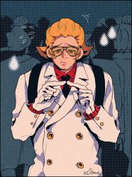 Rule 34 | 1boy, 1nwe9, ace attorney, aviator eyewear, black-framed eyewear, black necktie, blonde hair, bobby fulbright, buttoned cuffs, buttons, closed mouth, coat, collared shirt, commentary request, crowd, double-breasted, dress shirt, flying sweatdrops, glasses, gloves, index fingers together, lapels, long sleeves, looking at viewer, looking down, male focus, monochrome background, necktie, orange eyes, phoenix wright: ace attorney - dual destinies, red shirt, shirt, solo focus, tinted eyewear, upper body, water drop, white coat, white gloves, yellow-tinted eyewear