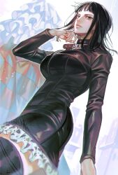 Rule 34 | 1girl, black hair, blunt bangs, boots, brown eyes, commentary, cowboy shot, dress, from below, hand in own hair, highres, leather dress, long sleeves, looking at viewer, looking back, medium hair, newponold, nico robin, one piece, short dress, solo, thigh boots