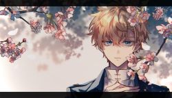 Rule 34 | 1boy, blonde hair, blue eyes, cherry blossoms, flower, hand on own chest, heathcliff blanchett, letterboxed, looking at viewer, mahoutsukai no yakusoku, male focus, mole, mole under eye, naruta iyo, parted lips, short hair, solo, teeth, tree, white background