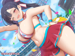 1girl :d armpit_peek black_hair blunt_bangs breasts cheerleader confetti curvy dutch_angle hair_ribbon large_breasts looking_at_viewer midriff navel one_eye_closed open_mouth original outdoors pom_pom_(cheerleading) ponytail red_eyes ribbon sideboob skirt sleeveless smile solo solo_focus stomach sunlight teeth upper_teeth_only wide_hips wristband yasojima_nejiro