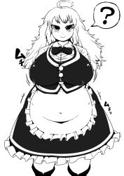 Rule 34 | 1girl, :&gt;, ?, ahoge, apron, arms behind back, boots, bow, bowtie, breast expansion, breasts, collared shirt, covered navel, fat, frilled apron, frilled skirt, frilled sleeves, frills, greyscale, highres, huge breasts, ichigo kotou, kirisame marisa, long hair, long skirt, looking at viewer, messy hair, monochrome, no headwear, no headwear, puffy short sleeves, puffy sleeves, shirt, short sleeves, skirt, skirt set, solo, thick eyebrows, touhou, tsurime, vest, waist apron, weight gain, wide hips