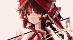 Rule 34 | 1girl, bow, brown eyes, brown hair, closed mouth, coumibuzzbuzz, frilled bow, frilled hair tubes, frills, gohei, hair bow, hair tubes, hakurei reimu, highres, holding, holding gohei, looking at viewer, medium hair, portrait, red bow, red vest, sidelocks, simple background, smile, solo, touhou, vest, white background