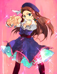 Rule 34 | &gt;:), 10s, 1girl, belt, beret, blue eyes, brown hair, dress, foreshortening, hat, highres, idolmaster, idolmaster (classic), idolmaster 2, interlocked fingers, jewelry, kitano yuusuke, long hair, looking at viewer, minase iori, necklace, outstretched arms, palace of dragon (idolmaster), ryuuguu komachi, smile, solo, sparkle, stretching, thighhighs, v-shaped eyebrows, wrist cuffs