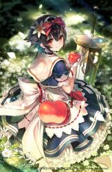 1girl apple_bag back bag black_hair copyright_notice field flower flower_field food fruit gloves grimms_echoes holding holding_food holding_fruit hosato_mikine official_art planted planted_sword planted_weapon red_bag red_eyes short_hair sitting smile snow_white_(grimms_echoes) solo sword weapon white_gloves