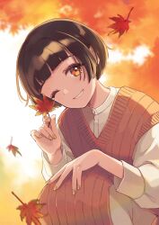 Rule 34 | 1girl, autumn leaves, brown eyes, brown hair, brown skirt, brown vest, commission, head tilt, highres, holding, holding leaf, kamogawa akira, leaf, looking at viewer, maple leaf, one eye closed, original, pants, parted lips, shirt, short hair, skeb commission, skirt, smile, solo, squatting, tree, vest, white pants, white shirt