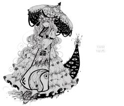 Rule 34 | 1girl, bow, dress, frilled dress, frills, gap (touhou), greyscale, hair bow, hat, hat ribbon, highres, long hair, long sleeves, looking at viewer, mob cap, monochrome, open mouth, parasol, ribbon, sano naoi, simple background, sketch, smile, solo, spot color, tabard, touhou, umbrella, very long hair, white background, white dress, wide sleeves, yakumo yukari, yellow eyes