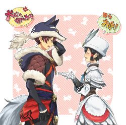 Rule 34 | 1boy, 1girl, alternate costume, anger vein, animal costume, arm behind head, artist request, black hair, blush, boots, couple, closed eyes, green eyes, happy, hat, hetero, highres, hood, hood down, law (tales), light blush, multicolored hair, official alternate costume, outstretched hand, patterned background, rinwell (tales), short hair, sidelocks, speech bubble, tail, tales of (series), tales of arise, translation request, wolf costume, wolf hat