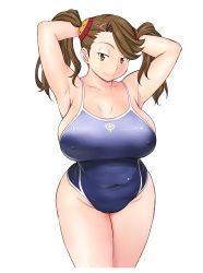 Rule 34 | 10s, 1girl, armpits, arms up, breasts, brown eyes, brown hair, competition school swimsuit, covered erect nipples, covered navel, covering nipples, covering privates, curvy, gundam, gundam build fighters, gundam build fighters try, highres, huge breasts, large breasts, looking at viewer, naughty face, plump, raised eyebrows, sazaki kaoruko, school swimsuit, shoumaru (gadget box), simple background, smile, solo, swimsuit, thighs, twintails, white background, wide hips