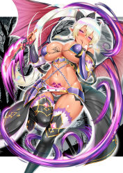 Rule 34 | 1girl, alternate color, alternate costume, alternate eye color, alternate hair color, alternate skin color, armor, bikini, bikini armor, black nails, black panties, black thighhighs, blush, braid, breasts, chain, commentary request, dark-skinned female, dark persona, dark skin, demon girl, demon wings, detached sleeves, fairy, feet out of frame, finger in own mouth, finger to tongue, front-tie bikini top, front-tie top, gradient hair, hair between eyes, highres, holding, holding weapon, kawase seiki, leafa, licking, licking finger, long ears, long hair, multicolored hair, nail polish, naughty face, navel, panties, platinum blonde hair, pointy ears, pubic tattoo, revealing clothes, silver hair, solo, swimsuit, sword, sword art online, tattoo, thighhighs, tongue, tongue out, twin braids, underboob, underwear, very long hair, weapon, wings