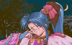 Rule 34 | 1990s (style), 1girl, blue hair, crescent moon, dithering, facial mark, forehead mark, forest, hair ornament, japanese clothes, kimono, light smile, long hair, looking at viewer, masaki misaki jurai, moon, nature, night, pc-98 (style), pink eyes, pixel art, ponytail, retro artstyle, sidelocks, sky, sleeves past wrists, solo, spiked hair, tenchi muyou!, tree, tsunami (tenchi muyou!), v over eye