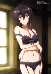 Rule 34 | 1girl, absurdres, black bra, black hair, black legwear, black panties, blush, bra, breast hold, breasts, cleavage, closed mouth, cowboy shot, earrings, female focus, garter straps, highres, indoors, isekai cheat magician, jewelry, kawashima hisashi, large breasts, lingerie, looking at viewer, megami magazine, navel, official art, panties, remia (isekai cheat magician), shiny skin, short hair, smile, solo, standing, underwear, underwear only, yellow eyes