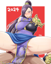 Rule 34 | 1boy, 1girl, 2024, alternate costume, armor, blush, breasts, chest guard, chestnut mouth, china dress, chinese clothes, covered penetration, dragon quest, dress, hetero, high ponytail, highres, large breasts, long hair, looking at viewer, martina (dq11), metal man10, new year, open mouth, pelvic curtain, purple dress, purple eyes, purple hair, reverse cowgirl position, sex, sex from behind, shoulder armor, spread legs, straddling, stray pubic hair, thick thighs, thighs