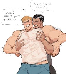 Rule 34 | 2boys, abs, artist name, bara, battle academia (league of legends), battle academy garen, behind another, biceps, black hair, blonde hair, blue eyes, blush, darius (league of legends), garen (league of legends), grabbing, hand on another&#039;s arm, highres, hug, large pectorals, league of legends, male focus, meme, multiple boys, muscular, muscular male, pants, pectoral grab, pectoral squeeze, pectorals, punbun 4fun, scar, scar on face, smile, speech bubble, tank top, thick arms, tight clothes, upper body, veins, white background, yaoi