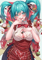 Rule 34 | 1girl, alternate breast size, apron, black skirt, blue eyes, blue hair, blue nails, breasts, button gap, chocolate, chocolate on face, cleavage, collared shirt, dress shirt, floating hair, food, food on face, gradient hair, hair between eyes, hatsune miku, heart, heart-shaped pupils, highres, inue ao, large breasts, long hair, looking at viewer, multicolored hair, nail polish, open mouth, partially unbuttoned, pink hair, plaid, plaid apron, red apron, shirt, short sleeves, skirt, solo, symbol-shaped pupils, vocaloid, white shirt, wing collar