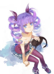 Rule 34 | 1girl, blue eyes, cat, choker, dress, drill hair, from above, headpat, looking up, official alternate costume, purple hair, shinono, solo, sophie (tales), tales of (series), tales of graces, thighhighs, twin drills