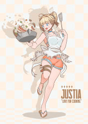 Rule 34 | 1girl, ahoge, apron, armpits, bacon, bell pepper, blonde hair, blue choker, breasts, brown dust 2, character name, checkered background, choker, cooking, demon horns, flip-flops, food, food on face, frilled shorts, frills, frying pan, full body, highres, holding, holding frying pan, holding spatula, horns, justia (brown dust), klon, medium breasts, open mouth, orange shorts, pepper, ponytail, potion, sandals, sauce, shadow, short shorts, shorts, small horns, smile, solo, spatula, standing, star-shaped pupils, star (symbol), symbol-shaped pupils, thigh strap, vial, white apron