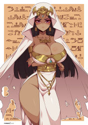 Rule 34 | 1girl, alternate breast size, bare shoulders, black hair, border, breasts, brown background, cleavage, closed mouth, collarbone, cowboy shot, crossed arms, dark-skinned female, dark skin, dress, egyptian, hieroglyphics, highres, ishizu ishtar, jewelry, large breasts, long hair, looking at viewer, nail polish, necklace, no panties, pink nails, purple eyes, shiny skin, side slit, solo, standing, tiara, virus-g, white border, white dress, yu-gi-oh!, yu-gi-oh! duel monsters