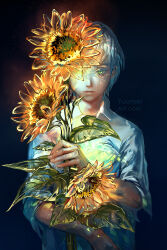 Rule 34 | 1boy, androgynous, black background, closed mouth, collared shirt, commentary, english commentary, flower, green eyes, grey hair, highres, holding, holding flower, looking at viewer, male focus, original, shirt, short sleeves, simple background, solo, sunflower, transparent, upper body, watermark, web address, white shirt, yellow flower, yuumei