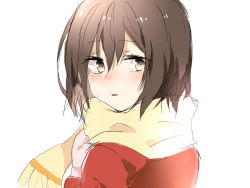 Rule 34 | 1girl, blush, boku dake ga inai machi, brown eyes, brown hair, bzi (a4567889z), chinese commentary, coat, commentary, crying, female focus, from behind, hair between eyes, hands on own chest, hinazuki kayo, looking at viewer, looking back, mittens, parted lips, pink mittens, profile, red coat, scarf, simple background, solo, tearing up, tears, upper body, white background, yellow scarf