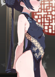 1girl ass bare_arms bare_shoulders black_dress black_hair blue_archive blurry blurry_background blush breasts china_dress chinese_clothes covered_erect_nipples covered_navel cowboy_shot double_bun dress from_side hair_bun hair_ornament head_out_of_frame highres indoors kisaki_(blue_archive) long_hair open_mouth pelvic_curtain rougetsu_(eclipse) side_slit sidelocks sleeveless sleeveless_dress small_breasts solo standing sweat thighs