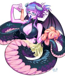 Rule 34 | 1girl, blue tongue, breasts, cannibalism, colored skin, colored tongue, commission, fangs, forked tongue, glasses, grey horns, holding, horns, intestines, lamia, mado (mukade tou), meryu shinuma, monster girl, navel, navel piercing, open mouth, piercing, purple hair, purple skin, ryonan musume club, semi-rimless eyewear, simple background, skeb commission, solo, tongue, under-rim eyewear, virtual youtuber, white background, wings