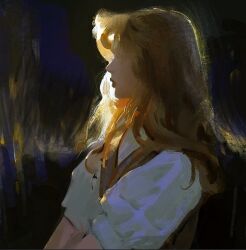 Rule 34 | 1girl, art study, blonde hair, chiaroscuro, closed eyes, closed mouth, commentary, dark background, english commentary, faux traditional media, from side, hair over eyes, lips, long hair, original, profile, puffy short sleeves, puffy sleeves, shirt, short sleeves, solo, sunlight, upper body, vest, white shirt, yuming li
