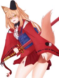 Rule 34 | 1girl, absurdres, animal ears, blush, breasts, brown hair, fate/extra, fate/extra ccc, fate/extra ccc fox tail, fate (series), hat, highres, japanese clothes, long hair, open mouth, suzuka gozen (fate), sword, tail, weapon, yellow eyes