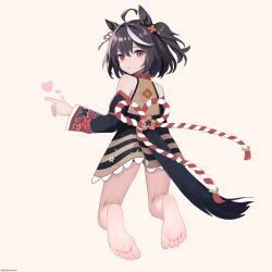 Rule 34 | 1girl, animal ears, bare shoulders, barefoot, black hair, blush, clothing cutout, commentary request, detached sleeves, ear ornament, feet, foot focus, foreshortening, from behind, hair between eyes, heart, highres, horse ears, horse girl, horse tail, kitasan black (umamusume), kouhaku nawa, long sleeves, making-of available, miaopa2s, multicolored hair, parted lips, red eyes, rope, shimenawa, short hair, simple background, soles, solo, streaked hair, tail, tail through clothes, toes, umamusume, white hair, wide sleeves
