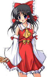 Rule 34 | 1girl, ascot, bare shoulders, black hair, blue eyes, blush, bow, cowboy shot, detached sleeves, exe (artist), female focus, frilled skirt, frills, hair bow, hair tubes, hakurei reimu, looking at viewer, ofuda, open mouth, red bow, red skirt, simple background, skirt, skirt set, smile, solo, standing, touhou, vest, white background, xe (execut3r)