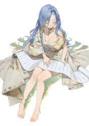 Rule 34 | 1girl, 37 (reverse:1999), absurdres, ancient greek clothes, barefoot, blue hair, breasts, choker, closed eyes, ddal, gold choker, greco-roman clothes, green hair, hair between eyes, highres, holding, long hair, multicolored hair, reverse:1999, scroll, simple background, single wide sleeve, small breasts, solo, toga, triangle, very long hair, white background